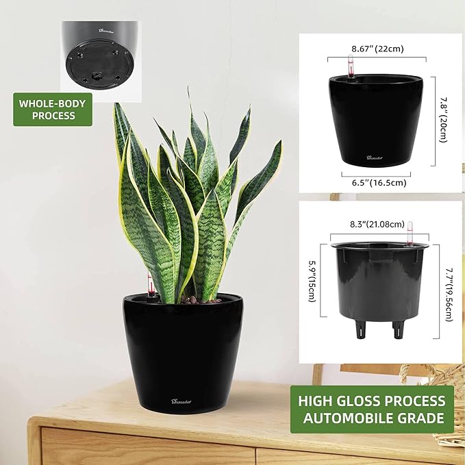 Dexceder 9x8 Inches High Gloss Self Watering Planter Indoor Outdoor, Inner Pot Design, Thickened Table Flower Plant Pot with Water Level Indicator (Black)
