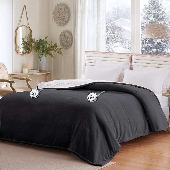 Sealy Electric Blanket Queen 84"*90",Super Cozy Flannel to Sherpa Reversible Heated Blanket Queen Size with 10 Heating Levels & 1-12 Hours Auto Off Overheating Protection Machine Washable,Charcoal