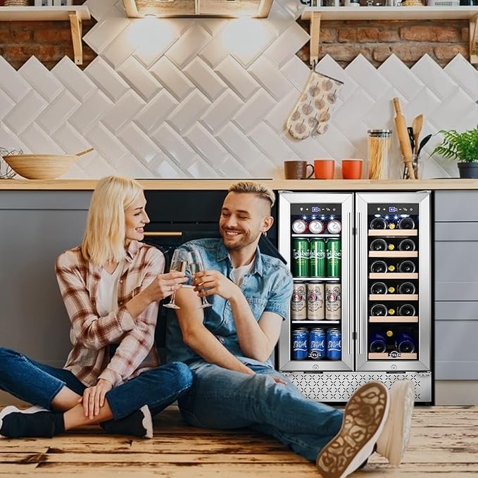 Tylza Wine and Beverage Refrigerator 24 Inch Dual Zone, French Door Wine and Beverage Cooler 24'' Built-In or Freestanding Drink Fridge, Under Counter Beer Refrigerator