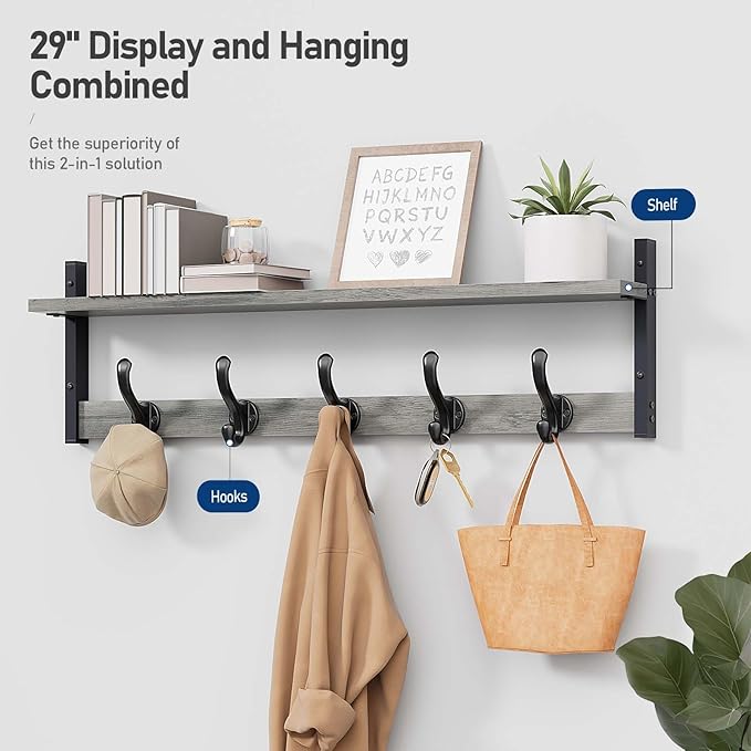 Tatub 29" Rustic Coat Rack Wall Mount with Shelf, Entryway Wall Hooks with Shelf and 5 Metal Hooks, Coat Hangers for Bathroom, Living Room, Bedroom, Kitchen, Grey