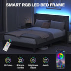 Full Size Bed Frame with LED Lights, Upholstered Bed Frame with Wingback Diamond Tufted Headboard, Wood Slats Support, Noise-Free, Easy Assembly, No Box Spring Needed, Grey