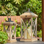 Glitzhome Mondern Farmhouse Wood Metal Lanterns Decorative Hanging Candle Lanterns Set of 2, Natural (No Glass)