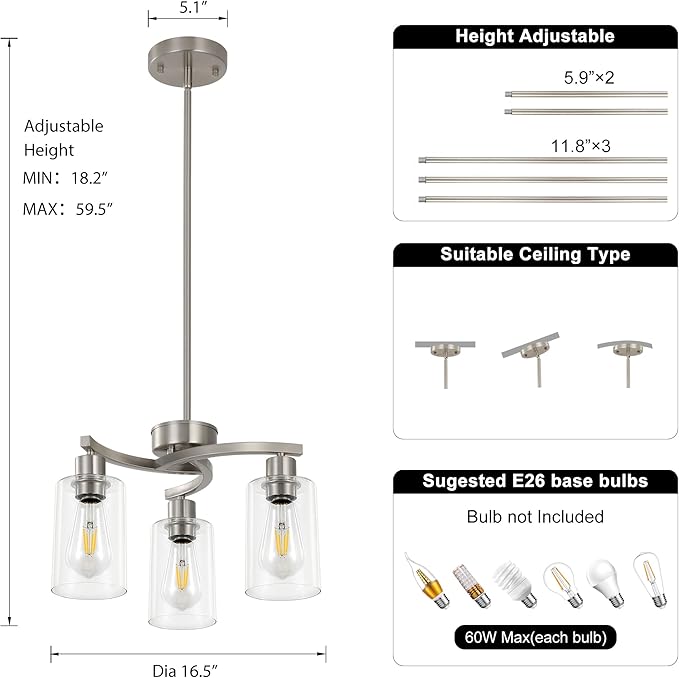 3-Light Brushed Nickel Dining Room Light Fixture,Modern Kitchen Chandeliers Over Table，Adjustable Height Industrial Hanging Pendant Lights for Kitchen Island with Glass Shade