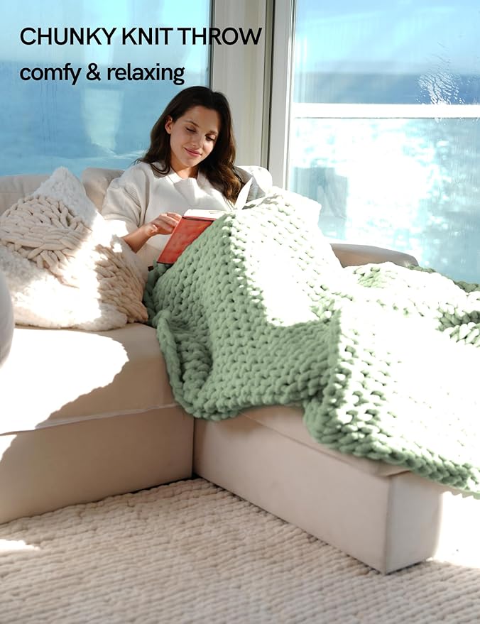 YnM Chunky Throw Blanket, Medium-Weight, Hand Knitted with Chenille Yarn, Skin Friendly, Ventilated and Breathable, Machine Washable, Home Décor Piece for Couch, Sofa and Bed (Sage Green, 50x60 Inch)