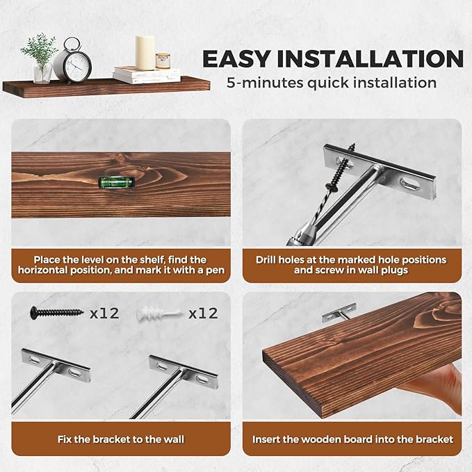 Floating Wall Shelves 3-Pack - 24-Inch Rustic Brown Wooden Shelves for Storage and Décor, Easy Installation for Living Room, Bedroom, and Kitchen