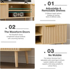 TV Stand for Living Room, Boho Entertainment Center for 55/60/65 inch TVs, Media Console with Fluted Door Cabinets and Open Shelves, for Bedroom, Oak