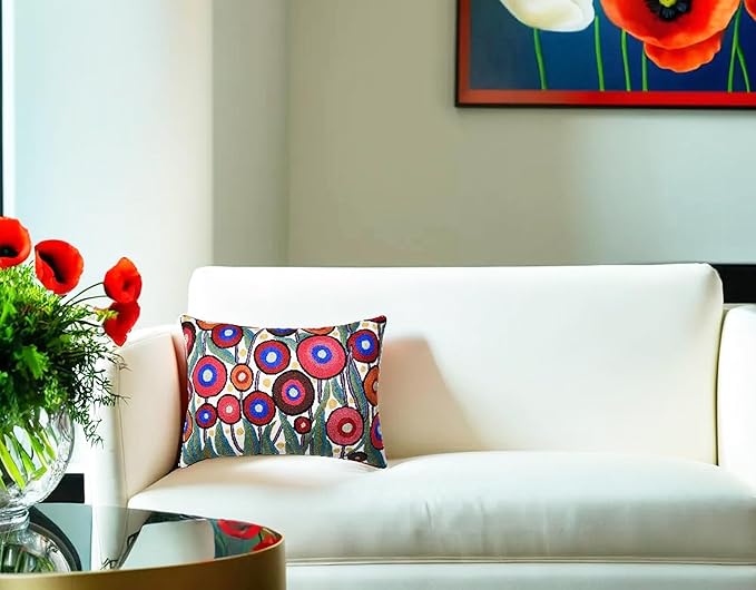 Cream Lumbar Poppy Floral Pillow Cover Red Poppies Flower Pillows White Farmhouse Chair Cushion Floral Cream Hand Embroidered Size 14x20