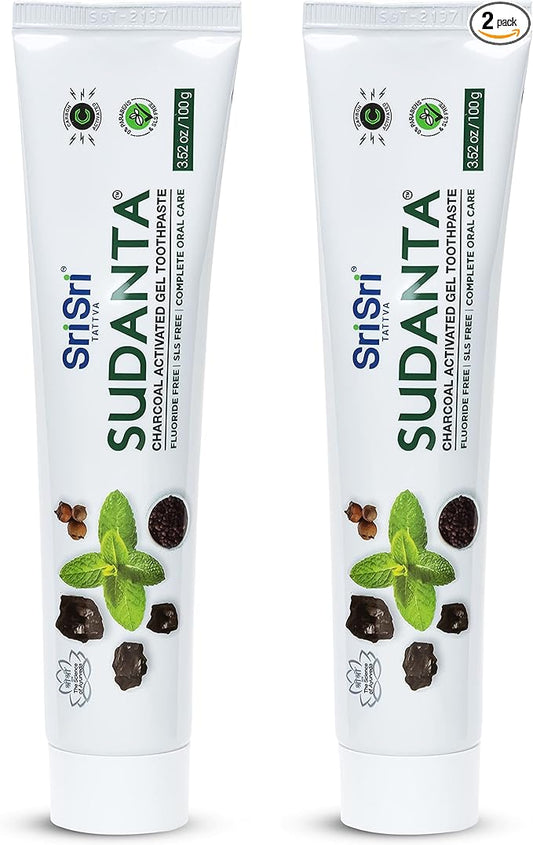 Sri Sri Tattva Sudanta Charcoal Toothpaste Gel – SLS, Fluoride Free Herbal Toothpaste with Neem & Ayurvedic Herbs – Natural Teeth Whitening, Fresh Breath, Oral & Gum Health – 100g Tube (Pack of 2)