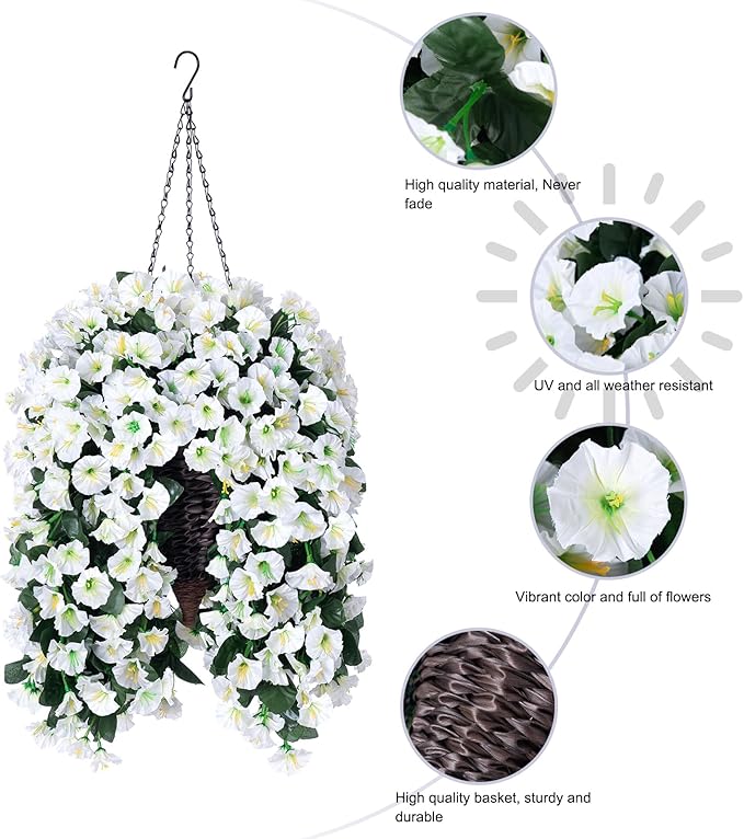 Artificial Faux Hanging White Flowers Plants Basket for Outdoor Outside, Fake UV Resistant Realistic White Morning Glory Flowers for Porch Home Balcony Yard Patio Decoration