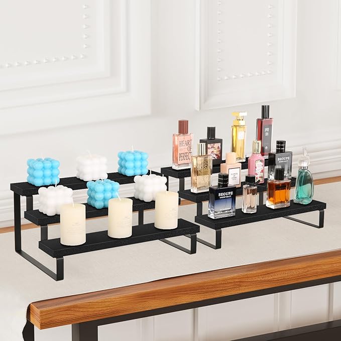 YINMIT Wooden Display Riser Stand, Tiered Perfume and Cologne Organizer Stand, 3 Tier Spice Rack Organizer, Rustic Display Shelf for Candles (3 Tier,2Pack,Black)