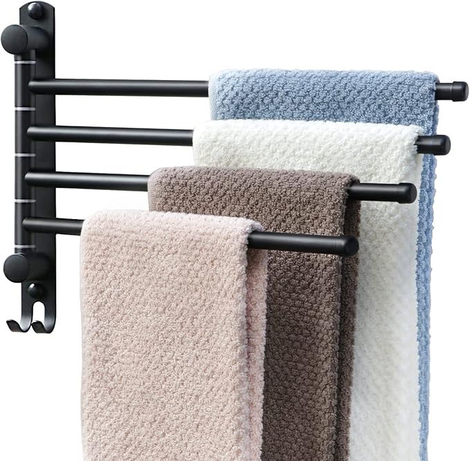 Black Towel Rack JSVER Swivel Towel Rack Wall Mounted, SUS304 Stainless Steel Towel Bar, 4 Arms Space Saving Towel Holder, Towel Racks for Bathroom
