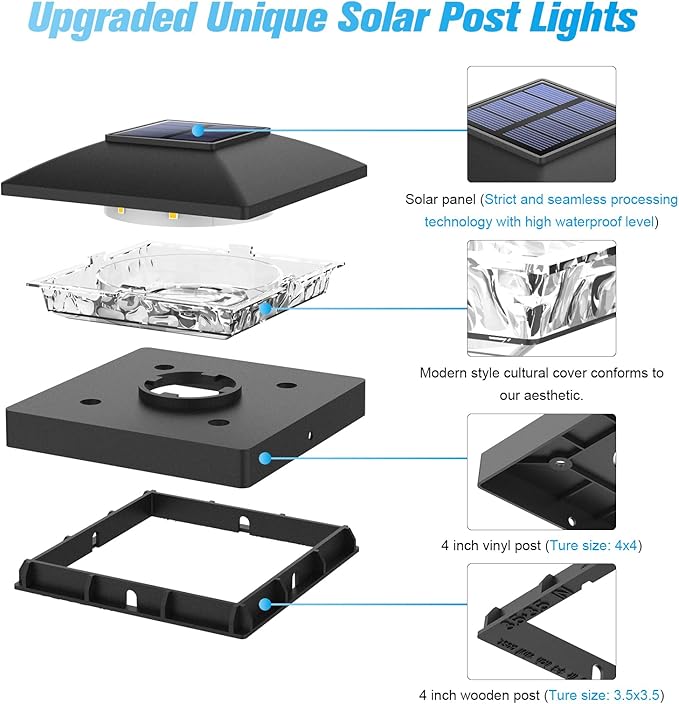 VOLISUN 4x4 Solar Post Cap Light 8pack,Solar Fence - Cap Lights Outdoor Waterproof for Wooden/Vinyl Post,Black Deck Post Cap Light Solar Powered with Warm White for Garden/Patio/Porch