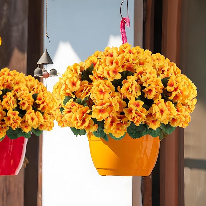 Hananona 12 Pcs Artificial Geranium Flowers for Outdoors Geranium Silk Yellow Flowers Outdoor UV Resistant Garden Plants Faux Fall Flower for Home Kitchen Table Centerpieces Decor (12, Yellow)