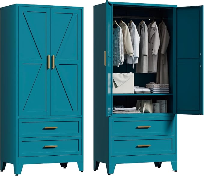 71'' Farmhouse Metal Wardrobe Cabinet with Hanging Rod, 2 Barn Door Wardrobe Closet with Adjustable Shelves,2 Drawer,for Dining Room,Bedroom,Living Room, Cloak Room,Office (Peacock Blue)