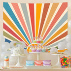 Kanuyee Boho Burning Sun Tapestry Wall Hanging, Retro 70s Abstract Vintage Geometric Rainbow Sunrise Tapestries for Bedroom Living Room Backdrop 60×80 inch