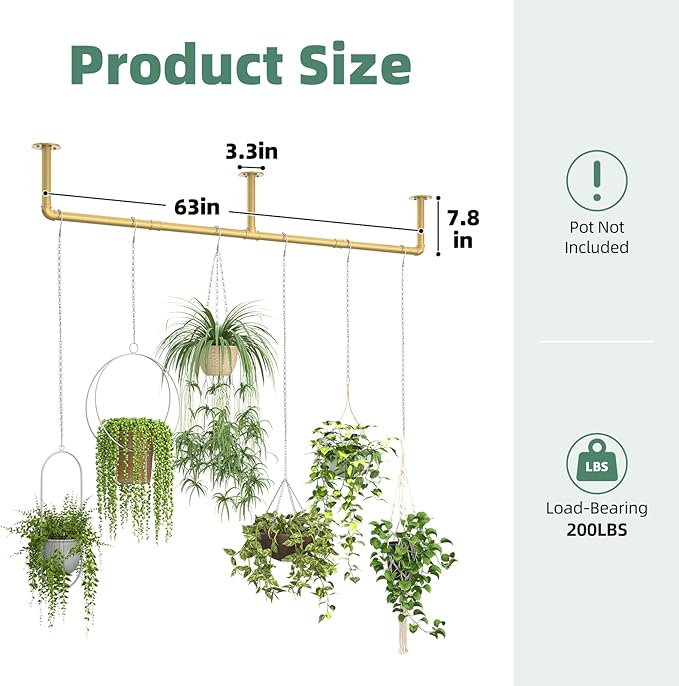 Plant Hanger Indoor Hanging Planters for Indoor Plants Hanging Plant Holder Window Plant Rod Gold Metal Shelves 63 Inch (Pot/Chains not Included