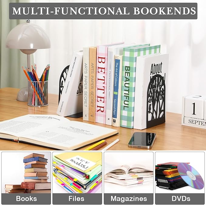 Faccito 5 Pairs Book Ends, Black Metal Bookends for Shelves Decorative, Non Skid Tree Stopper and Flower Shelf Holder for Heavy Books, Home Office School Supplies(Modern)