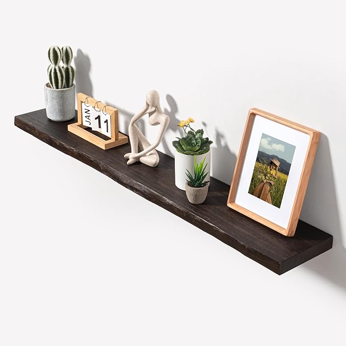Axeman 48 inch Floating Shelves for Wall - 8'' D Live Edge Rustic Solid Elm Wood Floating Shelves Wall Mounted, Hanging Shelves with Invisible Bracket for Living Room Bedroom Kitchen, Walnut