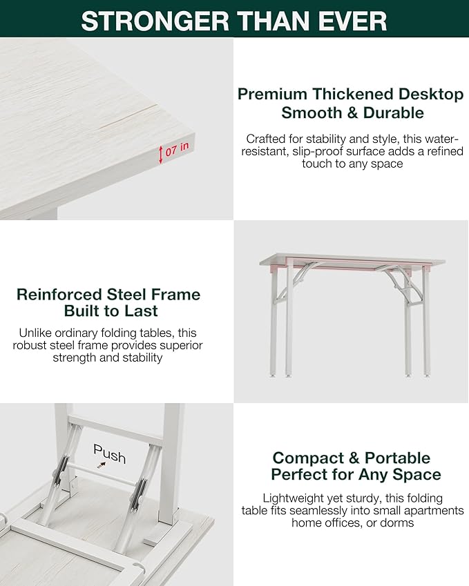 Frylr Small Folding Computer Desk – 55.1 Inch Portable Table for Craft and Study, Lightweight Desk for Small Spaces, Foldable Laptop Table Built-in AC/USB Outlets for Convenience, White Ash