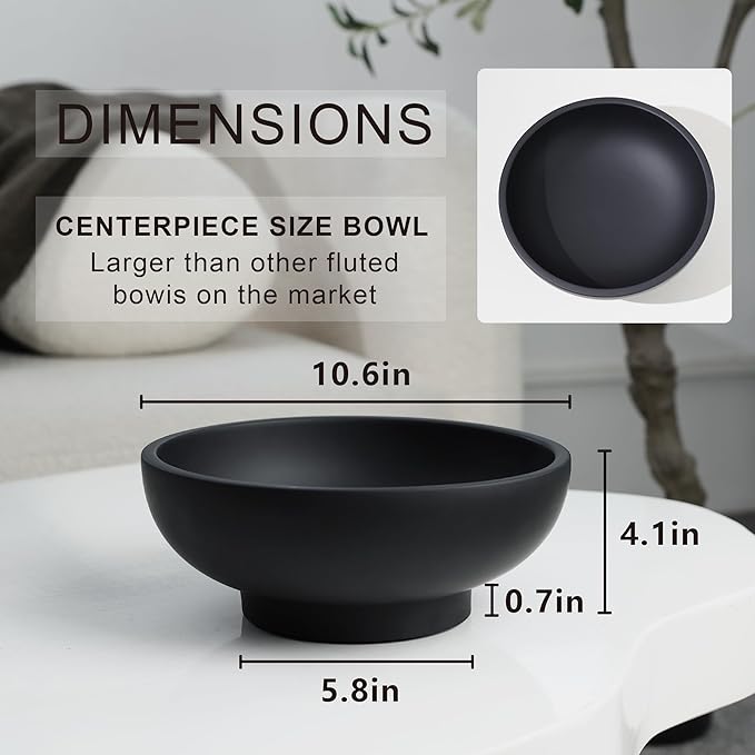 Large Black Decorative Bowl for Home Decor - Modern Concrete Fruit Bowl for Kitchen Counter or Coffee Table