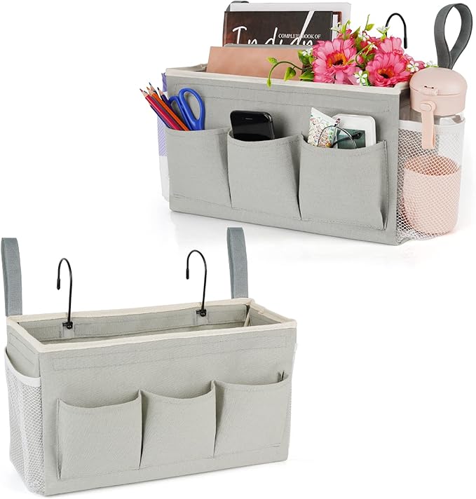 Bedside Caddy Organizer with Fixed Straps & Water Bottle Holder for Home, College Dorm, Bunk Bed, Hospital & Crib Bed Rails (2 pcs, Grey)