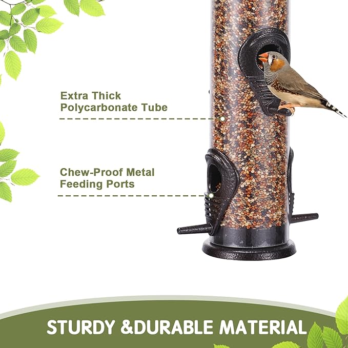 MIXXIDEA 2PK Metal Wild Bird Feeder Squirrel Proof Bird Feeders for Outside Hanging 6 Port Tube Bird Feeder Transparent Finch Feeder with Steel Hanger (Coffee)