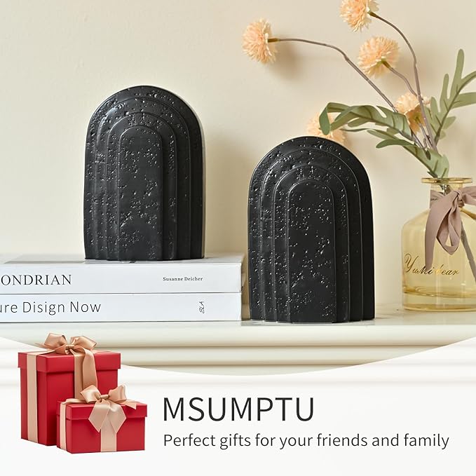 Decorative Bookends for Shelves, Set of 2 Book Ends for Heavy Books, Layered Arch Design Black Bookend
