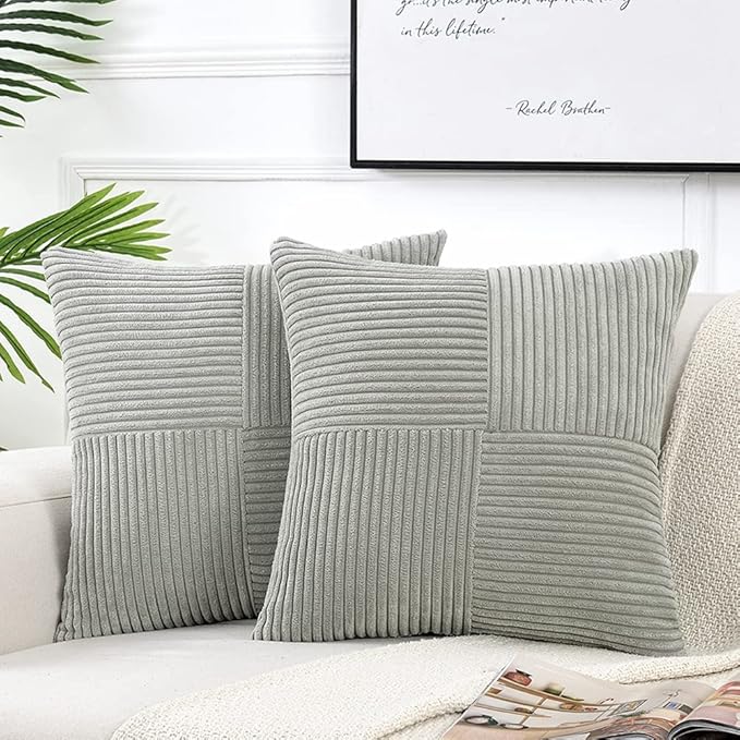 Fancy Homi 2 Packs Grey Big Decorative Throw Pillow Covers 24x24 Inch for Couch Bed, Rustic Farmhouse Boho Home Decor, Soft Corss Corduroy Patchwork Accent Square Gray Cushion Case 60x60 cm