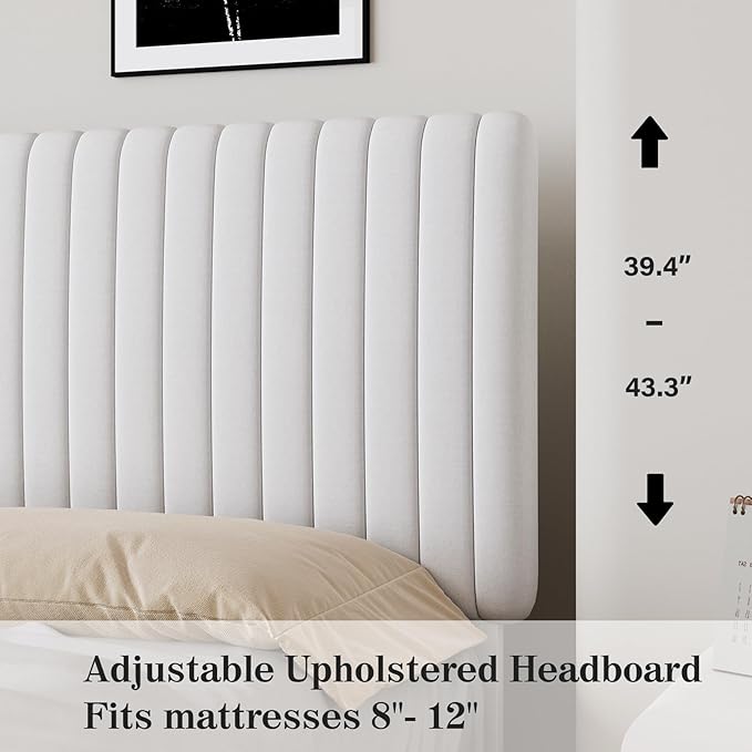 Full Size Bed Frame with Headboard, Velvet Upholstered Platform Bed with Vertical Channel Tufted Design, No Box Spring Required, Easy Assembly, White