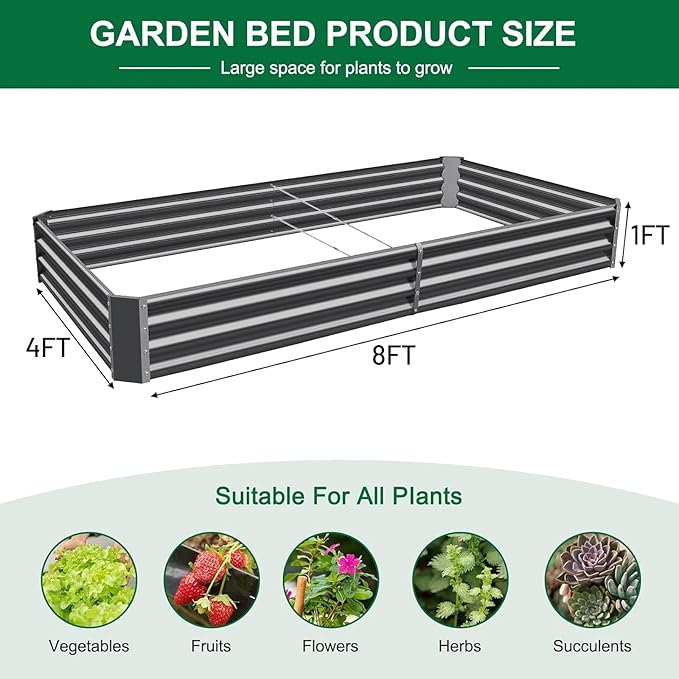 Land Guard 2 Pack 8×4×1ft Galvanized Metal Raised Garden Bed, Metal Planter Kit Box Outdoor for Deep-Rooted Vegetables, Flowers, Green and Herbs (Mid-Grey)