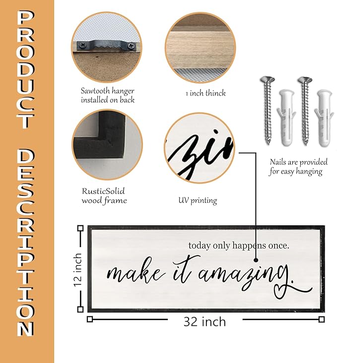 Today Only Happens Once Make It Amazing Wall Art Decor 32x12 Inch Large Inspirational Quote Sign Rustic Living Room Vintage Wood Frame Office Motivational Home Wall Hanging (Black)