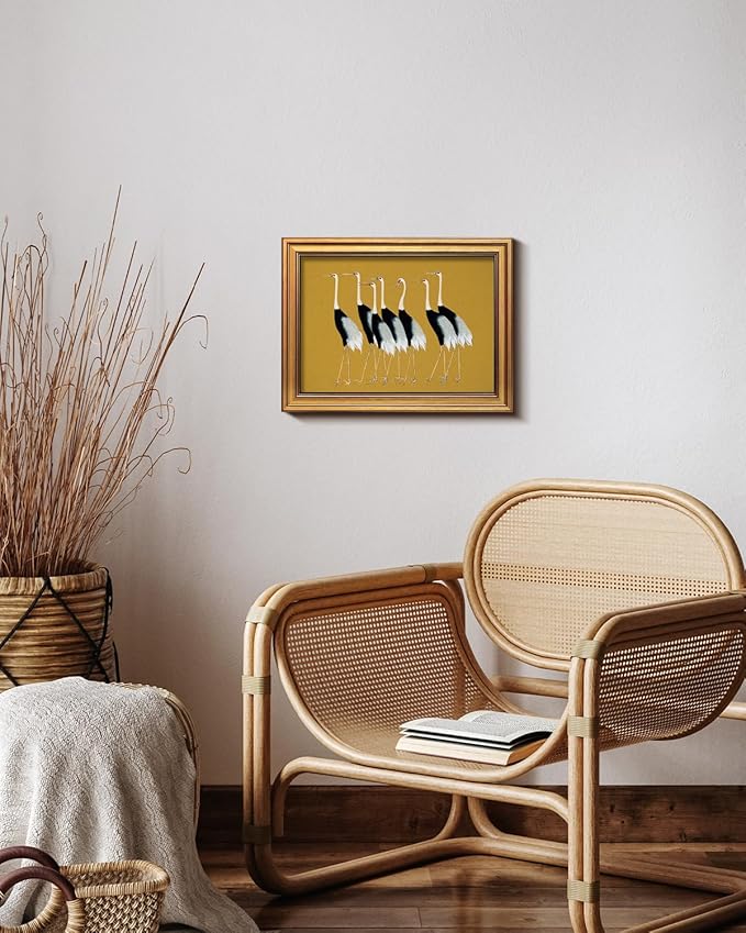 HUARCEY Gold Framed Vintage Wall Art for Living Room, Animals Painting Prints Shelf Decor for Kitchen, Aesthetic Bedroom Wall Art Decor, Christmas Gifts for Friends or Family (Seven Cranes 12"x16")