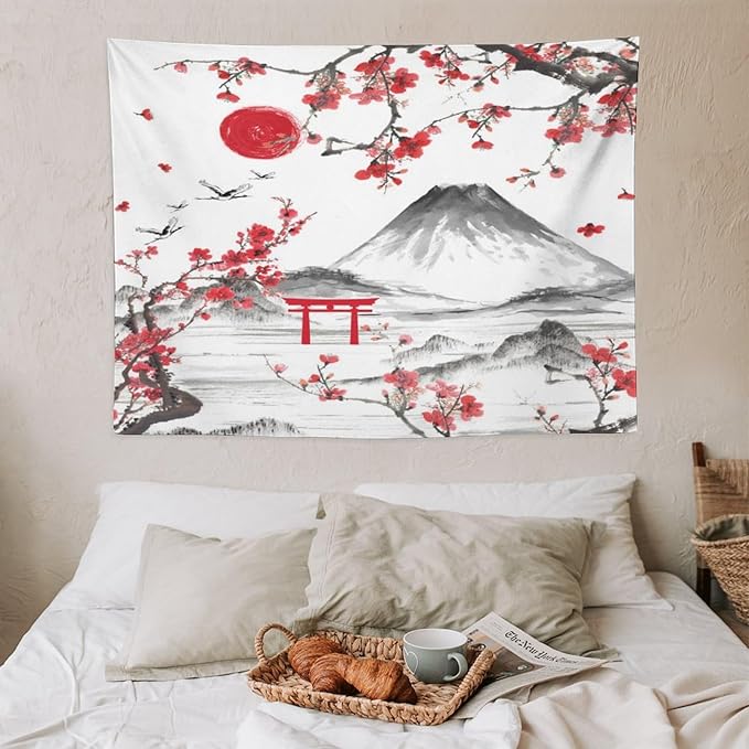 Red Cherry Blossoms Tapestry, Japanese Fuji Mountain Tapestry, Asian Japanese Wall Tapestry, Nature Landscape Tapestries for Bedroom Living Room Decor 40"x30"