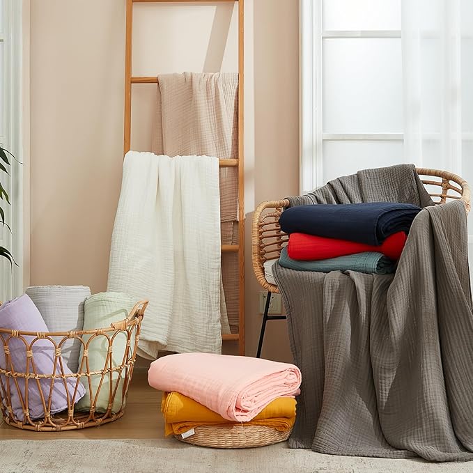 EMME Cotton Throw Blanket - 100% Muslin Soft, Breathable Gauze - All Season, Lightweight - Pre-Washed - Orange Rust, 50"x70"