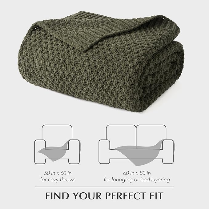 Chunky Chenille Knit Throw Blanket for Couch, Soft Luxurious Moss Stitch Blankets for Bed, Cozy Decorative Farmhouse Knitted Throws for Sofa, Olive Green, 60" x 80"