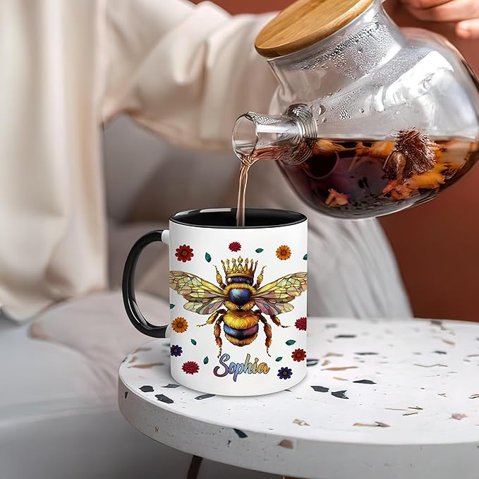 Hyturtle Personalized Floral Bee Mug - Bee Keeper Gifts For Women Lovers Teacher - Honey Gifts For Beekeeper Farmer On Birthday - Queen Honeycomb Decor - Custom Coffee Cup Ceramic Mug 11 Oz 15 Oz