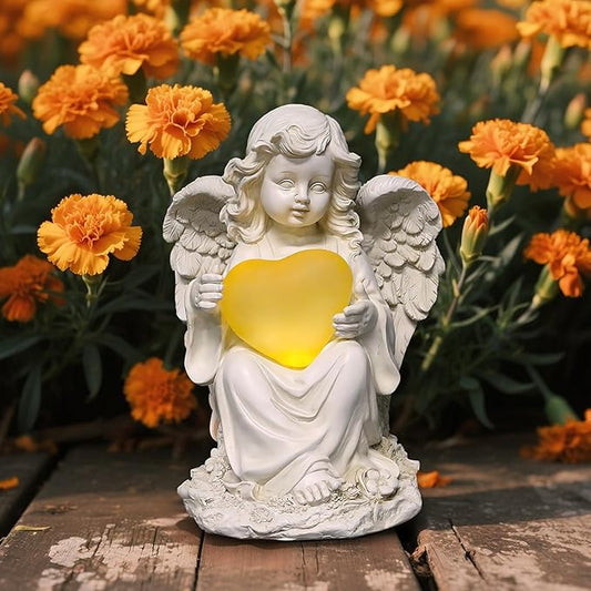 Angel Statues for Garden, Solar Angels for Outside with Glowing Heart & Cemetery Decorations for Grave, Yard Art Patio Balcony & Lawn Ornaments Gifts for Mom Grandma Women