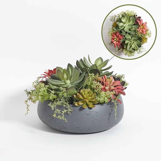 Faux Succulent Arrangement, Premium Artificial Indoor Plant Enhances Interior Design, Display on Any Surface in Your Home Adding an Inviting Touch of Nature, Grey Planter Pot Included