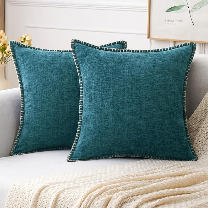 MIULEE Pack of 2 Couch Throw Pillow Covers 18x18 Inch Coastal Dark Teal Farmhouse Decorative Pillow Covers with Stitched Edge Soft Chenille Solid Dyed Spring Pillow Covers for Sofa Bed Living Room