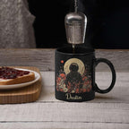 Astronaut with Moon and Wildflowers Coffee Mug, Custom Name Ceramic Cup 11oz 15oz, Unique Astronaut Coffee Cup for Friends, Personalized Astronomy Black Mug, Gifts for Birthday