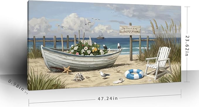 amatop Large Coastal Wall Art Nautical Beach Canvas Art Print Flower-Filled Boat on Sand Ocean Waves Seaside Seascape ArtworkSea Birds Marine Picture Home Decor for Living Room Bedroom Office 48×24 Inch