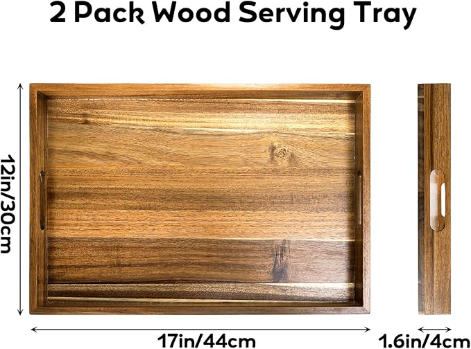 YOUEON 2 Pack Large Acacia Wood Serving Tray with Handles, 17x12 Inch Decorative Wood Trays for Serving Food, Party, Rectangle Ottoman Tray, Coffee Table Trays for Bed, Living Room, Kitchen