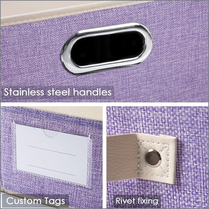 PRANDOM Collapsible Storage Bin with Lid [3-Pack] Fabric Foldable Storage Box Organizer Container Basket Cube with Cover for Home Bedroom Closet Office Nursery Purple&Cream(14.9x9.8x9.8)