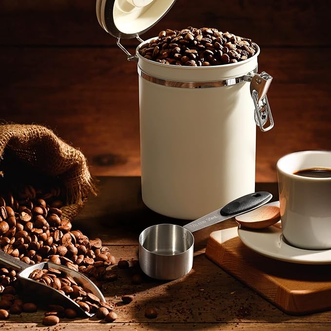 ShanSon Coffee Canister Airtight Coffee Container Stainless Steel Coffee Bean Storage Container with Scoop Coffee Canister for Beans Grounds Sugar Flour Tea Cereal,22OZ, Beige