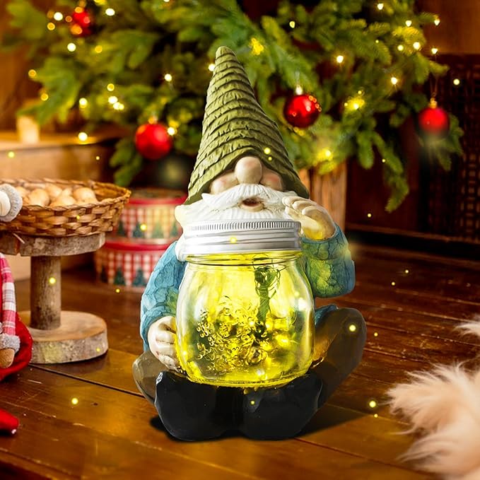 Solar Firefly Jar Gnome Waterproof- Large Garden Gnome Funny Solar Outdoor LED Lights Resin Statues 10.6" Lantern Figurines Decorations Birthday Gifts for Mom Women - Unique Housewarming Gifts