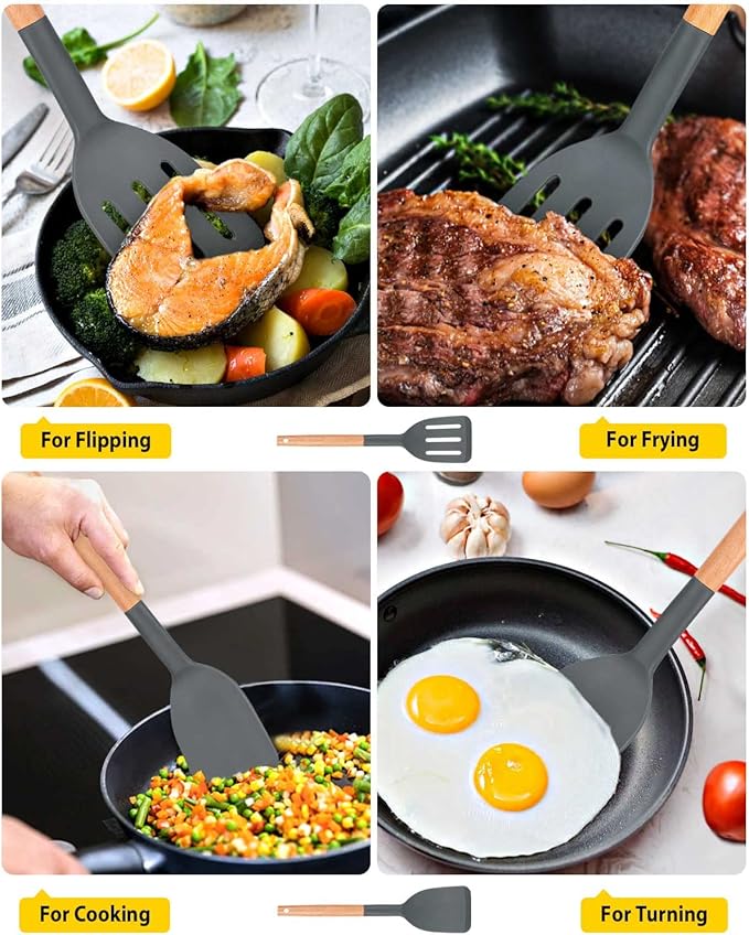 Pack of 2 Silicone Cooking Spatula, Heat Resistant Solid Turner, Non Stick Slotted Spatulas with Wooden Short Handle,Ideal Wood Kitchen Utensils Set for Frying, Baking, Flipping, Turning