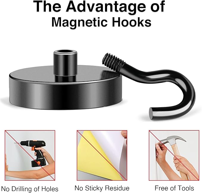 MIKEDE Black Magnetic Hooks, 80Lbs Heavy Duty Earth Magnets with Hooks for Cruise Cabin, Strong Magnet Hooks for Hanging, Super Metal Magnetic Hanger for Grill, Fridge, Kitchen - Pack of 10