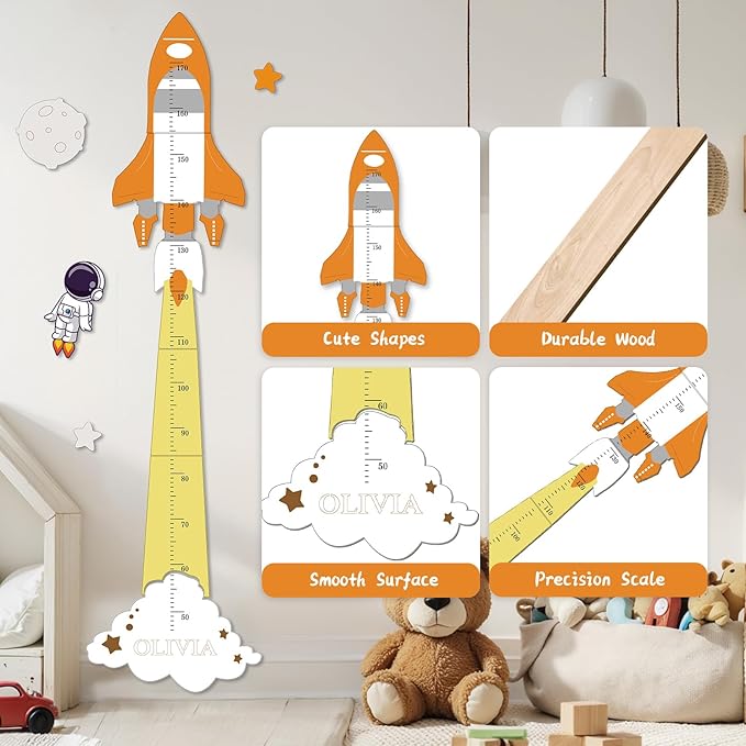 Personalized Name Height Chart for Kids, Cute Rocket Wooden Growth Chart for Kids, Wall Height Chart for Children, Cute Wall Ruler for Kids, Track Height Measurement, Easy to Install