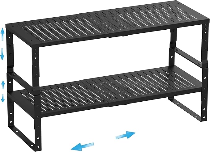 Expandable,Adjustable & Stackable Spice Rack, Cabinet Kitchen Countertop Shelf Organizer,Metal Pantry Storage Shelves - Space-Saving Storage Solution(2Packs/Black/Large)