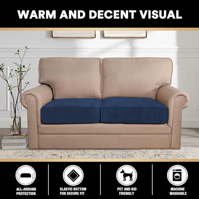 PrinceDeco Velvet Couch Cushion Cover Soft Stretch Cushion Slipcover for Chair Loveseat Sofa Cushion Furniture Protector Seat Cushion Sofa Cover (2 Piece Large Sofa Cushion Covers, Navy)